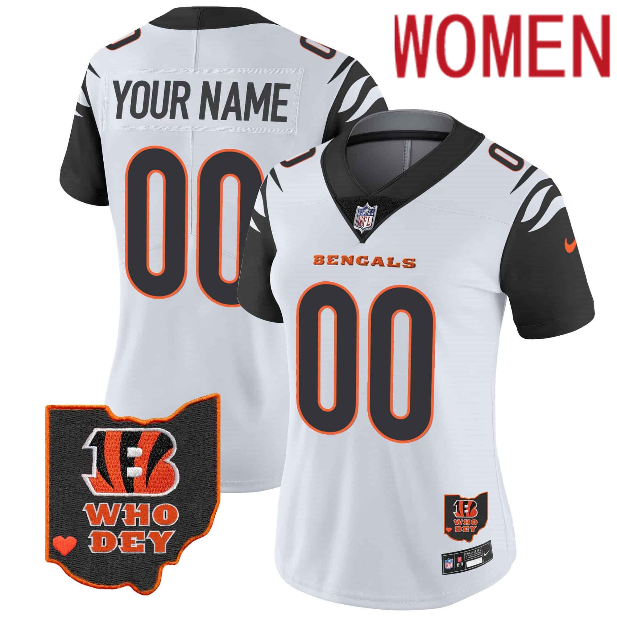 Women Cincinnati Bengals White 2024 Nike Patch Vapor Limited Custom NFL Jersey style 1->customized nfl jersey->Custom Jersey